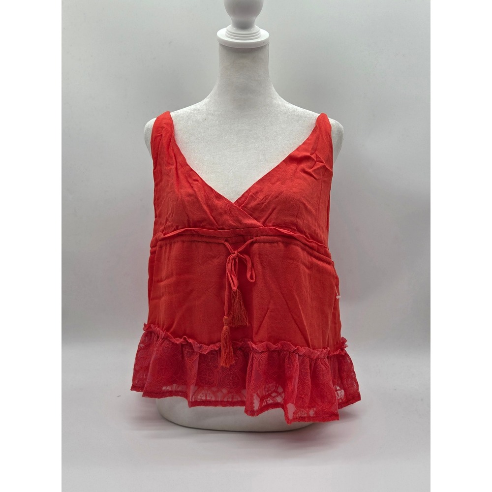 Honey Punch Women's Large Red Rayon Lace Trim Tie Front Tank Top 101-558